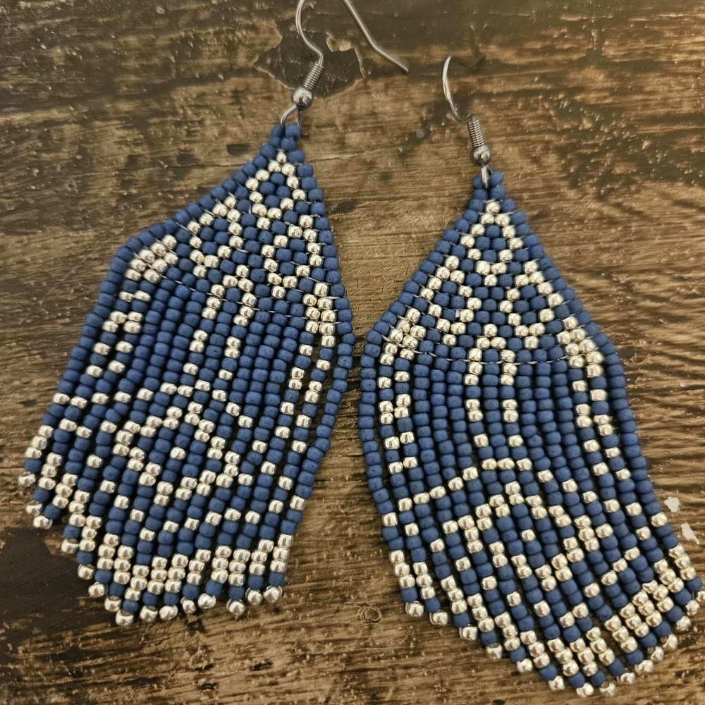 Navy and Silver Handmade Beaded Dangle Earrings